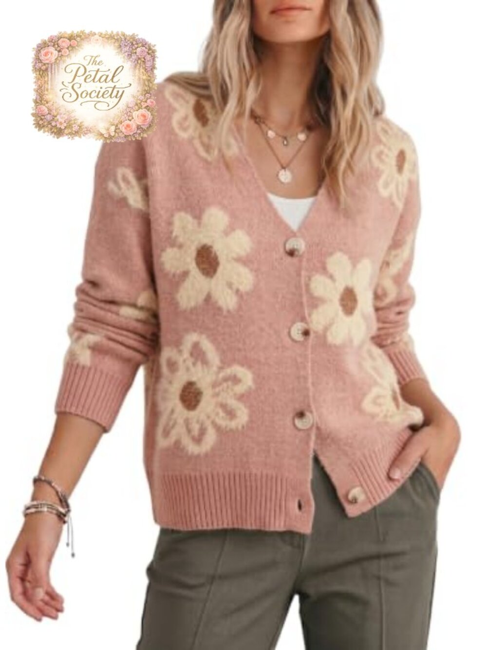 Fuzzy Floral Knit Open Front Cardigan Sweater Button Down Long Sleeve